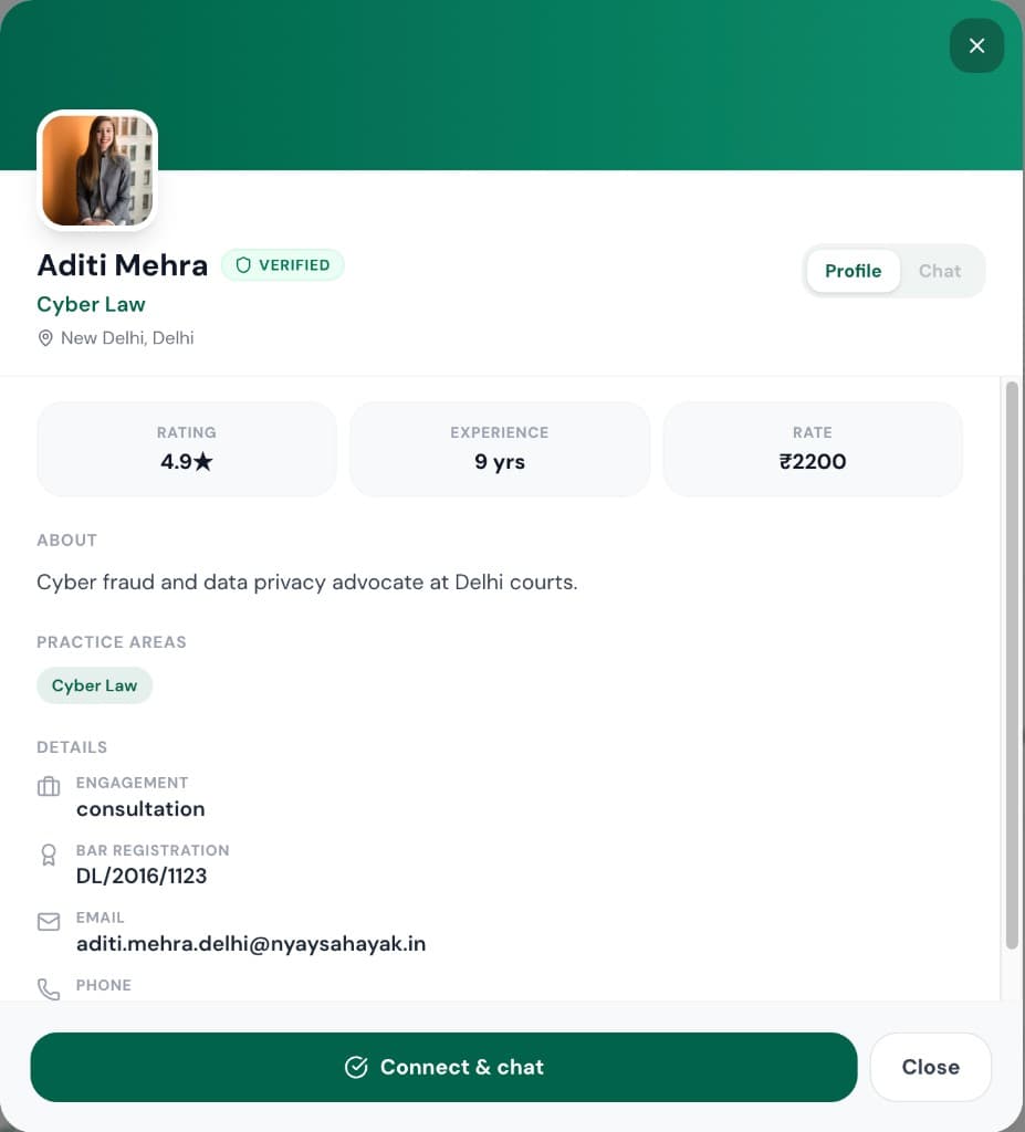 Lawyer profile with ratings, practice areas, and connect options