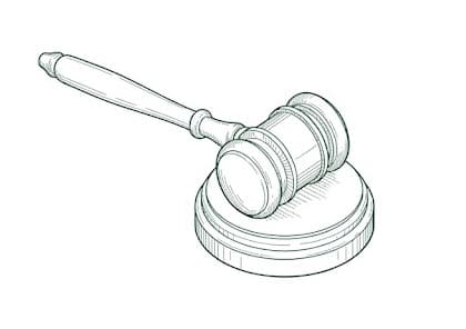 Line illustration of a judge's gavel and sound block